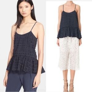 Tibi Fil Coupe Fringe Ruffle Cami Tank Top in Navy Blue Size 6